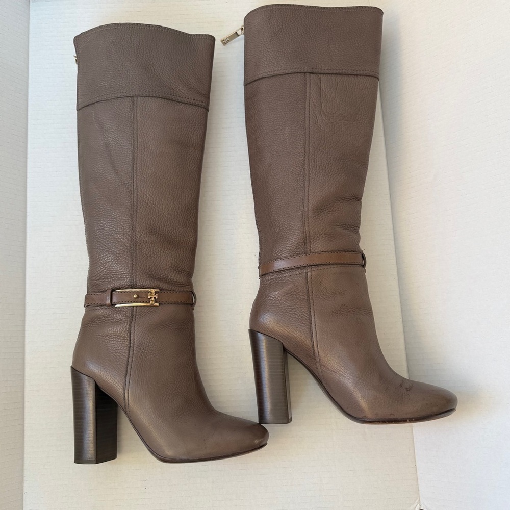 Tory Burch Jenna pebbled leather gray  taupe  Over the Knee Boots size 9M